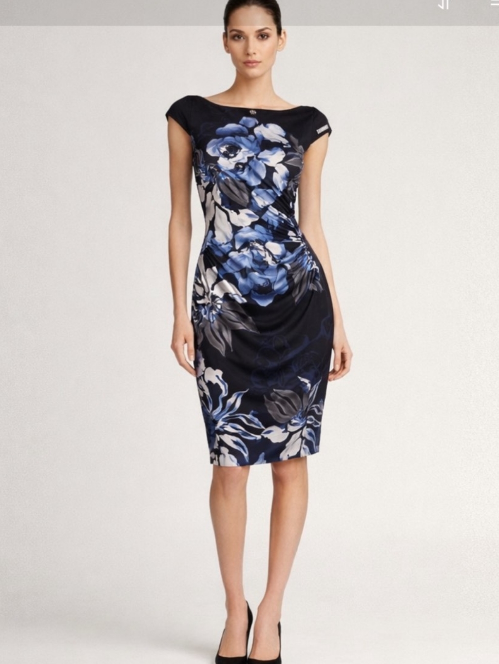 Ralph Lauren Black With Blue Floral Pencil Midi Dress Size 0